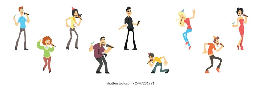 People Singing in Karaoke Stand with Microphone Vector Set