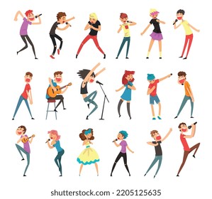 People Singing with Microphone and Playing Guitar Performing Music on Stage Big Vector Set