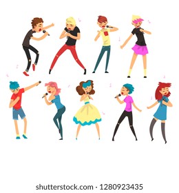 People singing with microphones set, male and female emotional singers performing on stage vector Illustratio