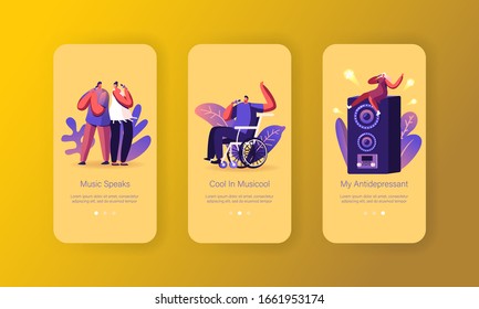 Juego de pantalla integrado de la página de aplicaciones móviles de cantantes. Felices Amigos cantando en el club Karaoke teniendo activo fin de semana, Sing Hobby Concept para sitio web o página web. Ilustración de vectores planos de caricaturas
