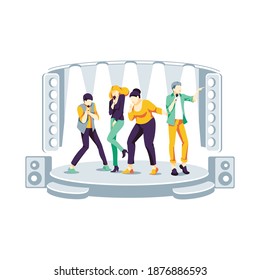 People singing on stage. Friends dancing and singing at karaoke bar or night club. Group of teenagers or music band performing with microphones at concert flat vector illustration on white background