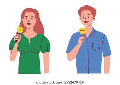 Personas que cantan una canción, la mujer y el hombre cantan en el karaoke, carácter del cantante