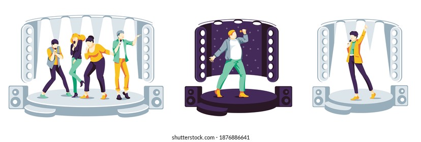 Gente cantando canciones en el bar karaoke. Cantantes cantando en el escenario musical con micrófonos en la discoteca. Jóvenes hombres y mujeres pasan tiempo libre juntos ilustraciones vectoriales planas sobre fondo blanco