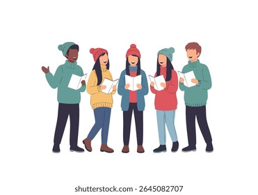 People singing wearing winter hats hold books