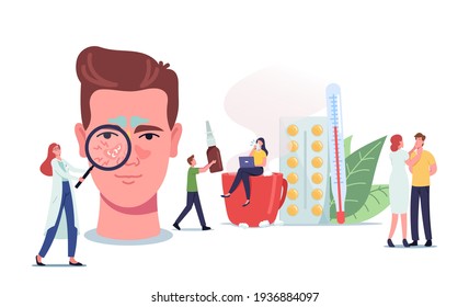 People with Sinusitis Disease Concept. Tiny Doctors or Patients Characters at Huge Male Head with Sinus Cavity Inflammation due to Influenza Cold, Allergy, Nasal Infection. Cartoon Vector Illustration