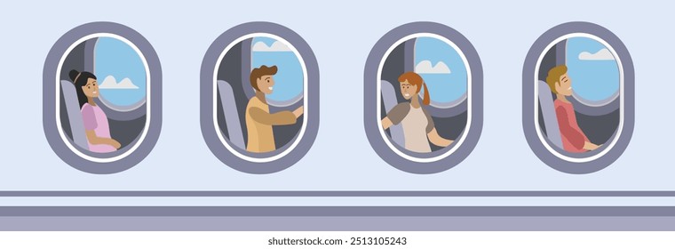 Las Personas se sientan en el avión. Ventanas de la aerolínea. Ventanas desde el exterior del avión. Avión desde fuera. Las Personas duermen en aviones. Festiva en avión. Las Personas viajan en avión. Asiento de pasajeros en el avión