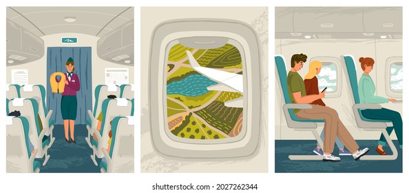 People sit in airplane while flying vector illustration set. Air plane cabin interior. Flight attendant explains air safety rules. Landscape view from aircraft window