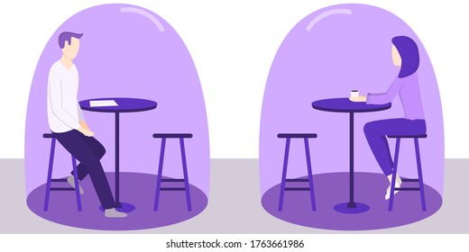 People sit alone in cafe. Man and woman eat in restaurant solo in own table under the dome. Dinner with social distance restrictions in public place. Flat people have lunch outdoors after quarantine.