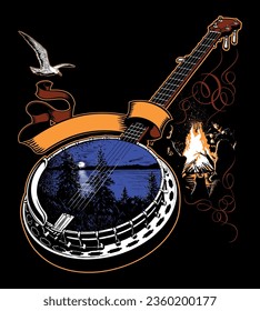 People sit around the campfire in the forest at night, lake landscape, flying bird and banjo vector illustration.