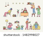 People sit around in various poses and read books. flat design style minimal vector illustration.