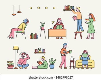 People sit around in various poses   read books  flat design style minimal vector illustration 