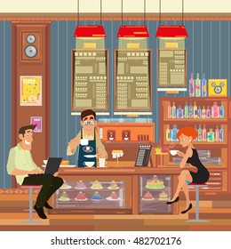 people sit at the bar and drink coffee. Vector illustration in a flat style.