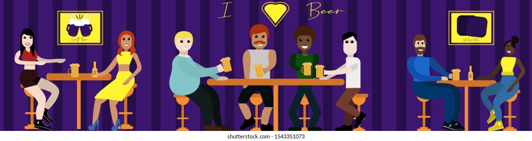 People sit in a bar drinking beer and talking two girlfriends, a group of friends of cheers, a couple of lovers, a yellow concept design for a website for designers