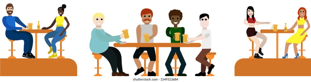 People sit in a bar drinking beer and talking two girlfriends, a company of cheers friends, a couple of lovers, isolated against a white background conceptual design for a website for designers