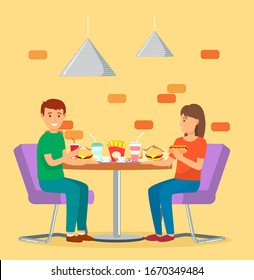 People sit by table in fast food restaurant. Friends or couple eating out in cafe. Table with meals like burgers, fries and soda. Kitchen or cafeteria interior. Vector illustration in flat style