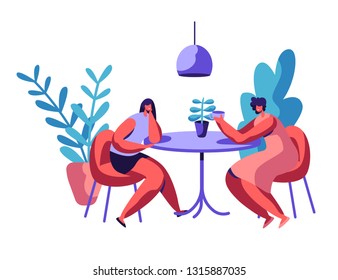 People Sit at Cafeteria Table Drink Coffee or Tea Talk Set. Two Woman have Lunch Break. Female Couple Dinner. Character Cafe Meeting at Leisure. Flat Cartoon Vector Illustration