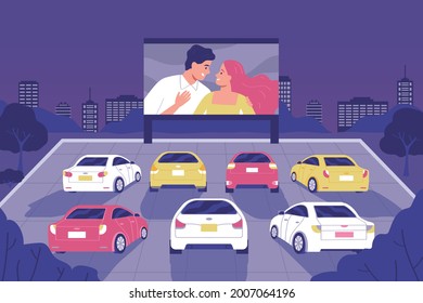 People sit in cars and watch movies in an open air cinema flat vector illustration