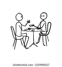 People Sit and Chat human Stick Figure Mural Hand Drawn, Cafe Activity, Vector Character Illustration, Outline Cartoon Mascot Logo in Isolated White Background.