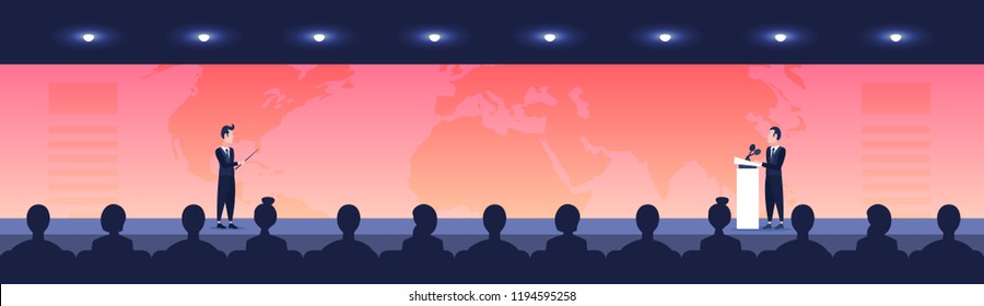 people sit cinema hall back rear view looking business man woman politician talking from tribune business conference over world map speaker international forum horizontal banner flat vector