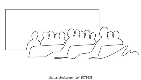 People sit cinema hall back rear view looking at screen continuous one line drawing 