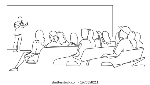 People sit cinema hall back rear view looking at screen continuous one line drawing  Hand drawn audience cinema  theater vector silhouette  Crowd people in the auditorium minimalistic contour illus