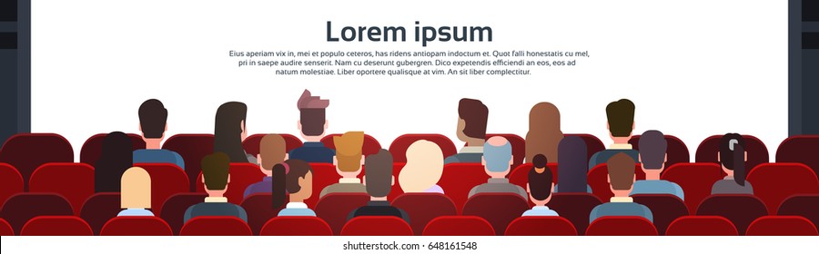 People Sit Cinema Hall Back Rear View Looking Ar Screen With Copy Space Flat Vector Illustration