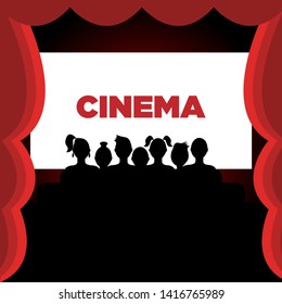 People sit in cinema hall and the screen. Background Vector illustration
