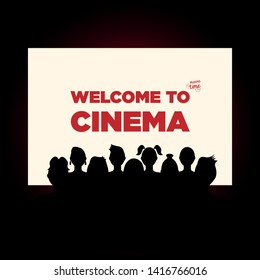 People sit in cinema hall and the screen. Background Vector illustration