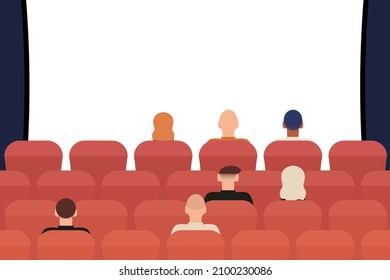 People sit in the cinema and look at the projection screen. Back view. Vector illustration