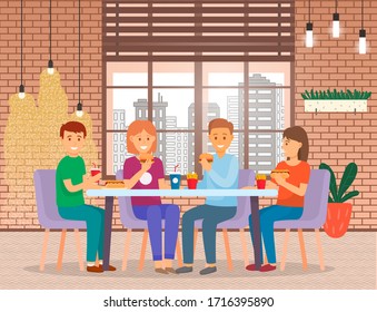 People sit in fast food cafe for lunch. Friends spending time and eating out together. Table with meal like hot dog, burger and soda. Room interior with urban view from window. Vector illustration