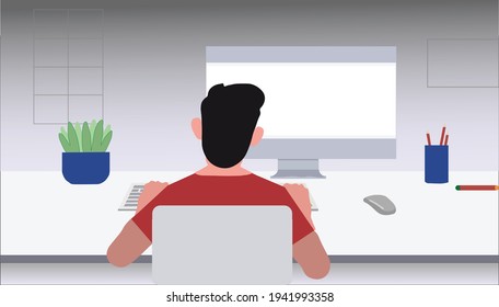 Menschen sitzen vor Computerbildschirmen und -tischen. Illustration von Arbeit von zu Hause aus online