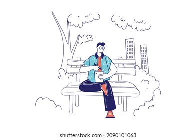 La gente se sienta en el concepto de gadgets en diseño de línea plana para banner web. El hombre usa smartphone o tablet mientras se sienta en un banco en el parque, escena de gente moderna. Ilustración del vector en el estilo gráfico de contorno