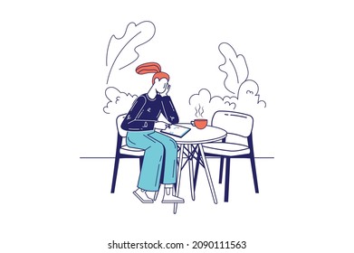 People sit in gadgets concept in flat line design for web banner. Woman browsing news on tablet while sitting at table in cafe, modern people scene. Vector illustration in outline graphic style