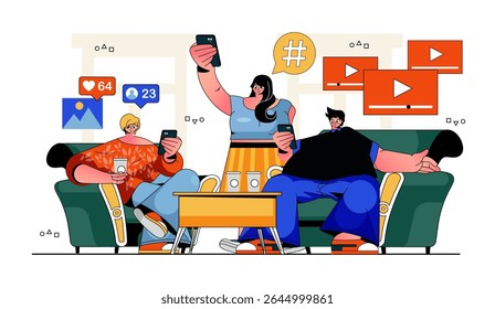 People sit in gadgets concept for modern web design. Men and women using smartphones, internet browsing, online communication, watching video. Flat vector illustration isolated on white background.