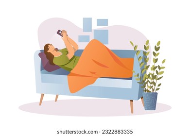 La gente se sienta en el concepto de gadgets con la escena de la gente en el estilo de dibujos planos. La niña está descansando en el jardín. Ilustración vectorial.