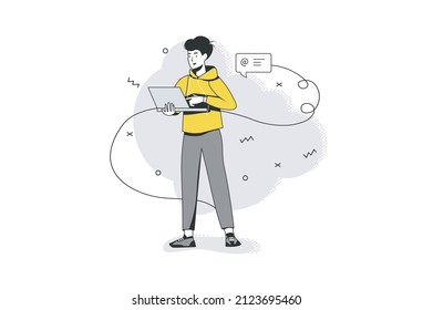 People sit in gadgets flat line concept. Man uses laptop and responds to email or message. Internet addiction on online communication. Vector illustration with outline scene for web banner design