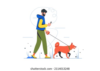 People sit in gadgets modern flat concept. Young man walks dog and scrolls news feed on smartphone. Online addiction and communication. Vector illustration with human scene for web banner design