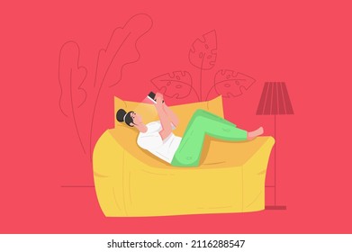 People sit in gadgets modern flat concept. Happy woman browsing feed social media from mobile phone while lying on huge armchair at home. Vector illustration with character scene for web banner design
