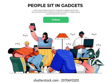 Die Leute sitzen in Gadgets Web-Banner-Konzept. Männer und Frauen, die Smartphones oder Laptops verwenden, das Surfen im Internet online Kommunikations-Landing-Page-Template. Vektorgrafik mit Menschen-Szene in flachem Design