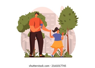 People sit in gadgets web concept in flat design. Dad and daughter are walking together in park and looking at their smartphones and ignoring each other. Vector illustration with characters scene