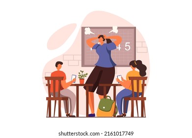People sit in gadgets web concept in flat design. Boy and girl use smart phone in class and get distracted in class, angry teacher can't discipline pupils. Vector illustration with characters scene
