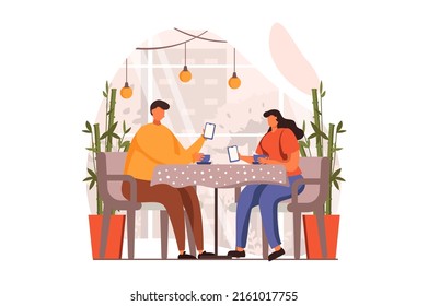 La gente se sienta en el concepto web de gadgets en diseño plano. El hombre y la mujer se desplaza hacia las fuentes y miran los teléfonos inteligentes, ignorándose unos a otros mientras están sentados en la mesa en el café. Ilustración de vector con escena de caracteres