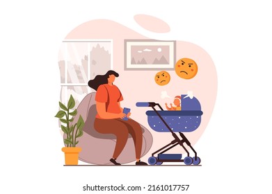 La gente se sienta en el concepto web de gadgets en diseño plano. Madre joven que estafa los feeds en la aplicación para smartphones e ignora a su bebé enojado en un coche de bebé. adicción a internet. Ilustración de vector con escena de caracteres