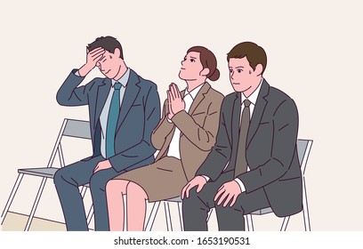 People sit nervously waiting for a job interview. hand drawn style vector design illustrations. 