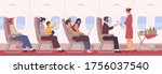 People sit on armchair at airplane side view vector flat illustration. Friendly stewardess with food and drink cart in aisle. Man, woman and kid at cabin interior. Passenger and personnel inside jet