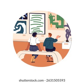 People sit on bench in museum, discuss exhibits. Visitors relax, communicate, look at exposition. Man and woman on seat talk about exhibition in art gallery. Flat isolated vector illustration on white