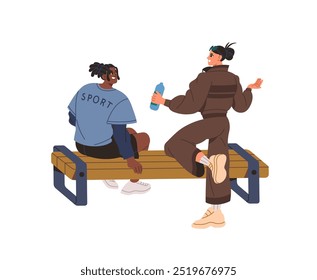 People sit on bench, relax after sport training together. Athletes have a rest, communicate about workout. Girl and boy in sportswear talk, chat. Flat isolated vector illustration on white background