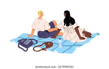 People sit on blanket in nature together back view. Happy couple is on romantic date outdoors. Girl and boy relax at picnic in summer vacation. Flat isolated vector illustration on white background