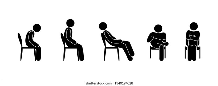 people sit on a chair various poses, stick figure man icon, people pictogram, human silhouette symbol