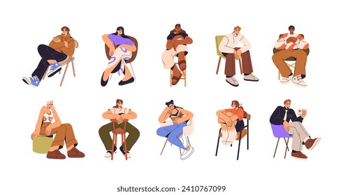 People sit on chairs set. Happy characters rest, relax on seats in different poses. Persons reading book, drink coffee, waiting on soft armchair. Flat isolated vector illustration on white background